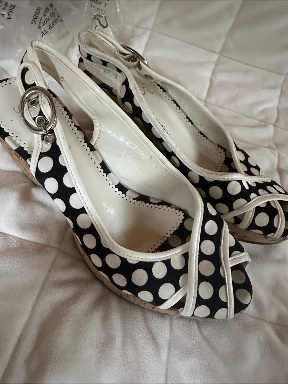 Franco SARTO Polka Dot Peep-Toe Slingback Wedges - Black & White
